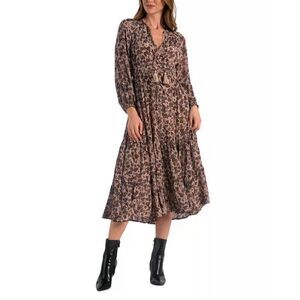 Elan Floral Button‎ Down Boho Midi Dress Brown, Beige Size M